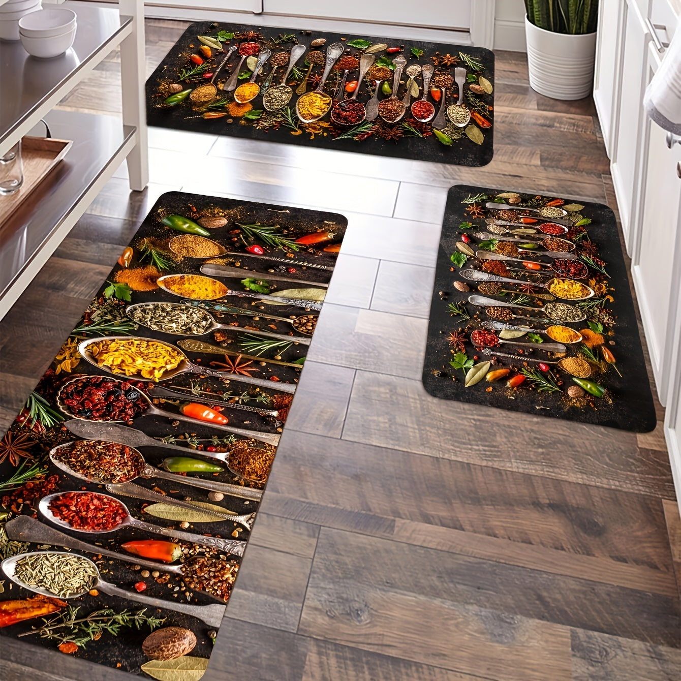 Spices and Cutlery Patterned Non-Slip Kitchen Floor Rug for Home Decor