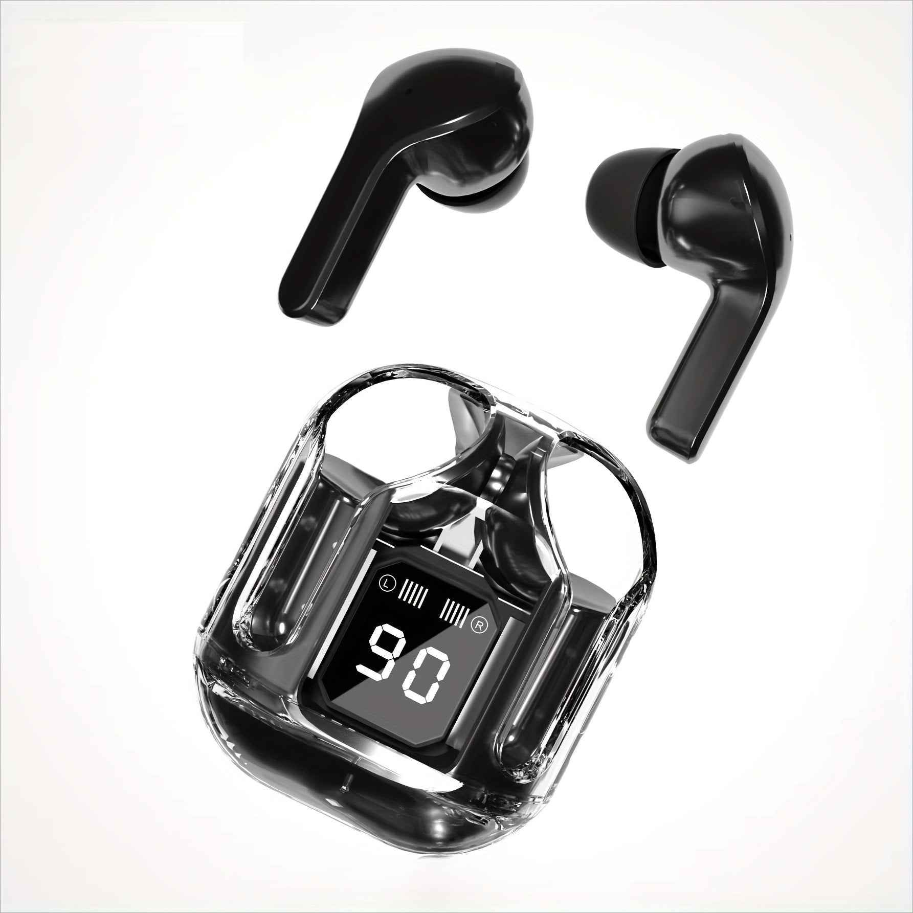 Беспроводные наушники TWS с цифровым дисплеем, светодиодной подсветкой, перезаряжаемой литиевой батареей, конденсаторным микрофоном, управлением громкостью и сенсорным управлением, закрытым типом чашек, USB и Type-C портом.
