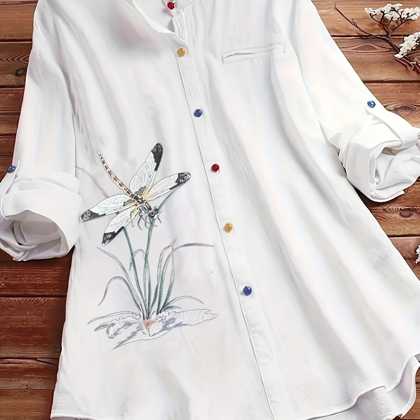 Plus o'lcham ayollar uchun uzun ko'ylak, dragonfly va gul naqshli ofis va kundalik kiyim