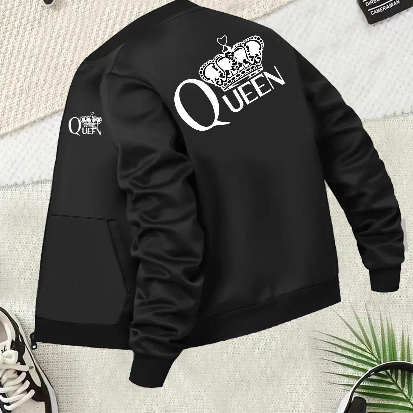 Plus Size Women's Black Casual Zip-Up Jacket with Crown Print Long Sleeve
