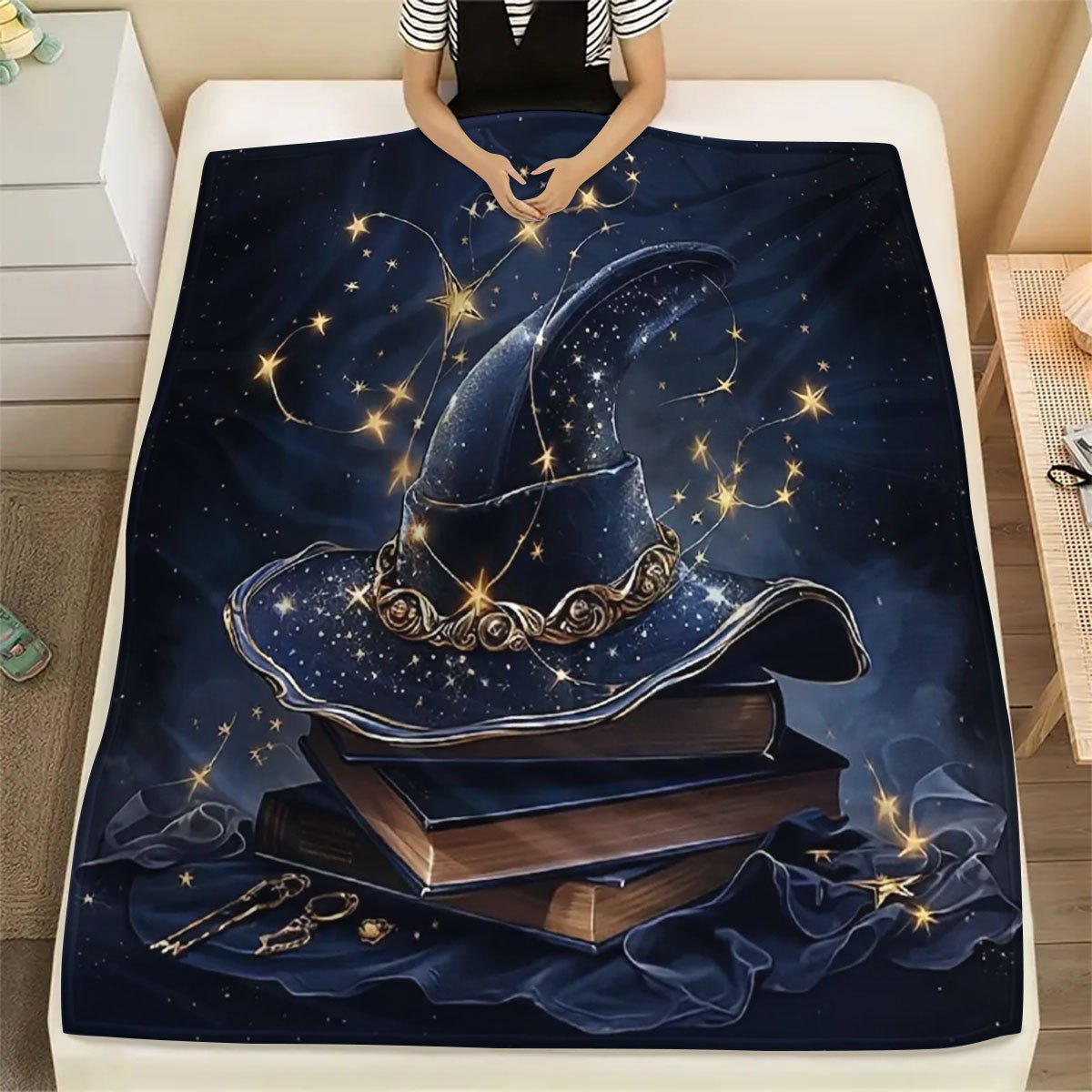 Halloween Large Book and Witch Hat Printed Flannel Fleece Throw Blanket