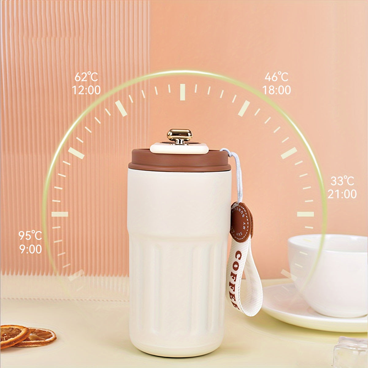 Стильная кофейная чашка из нержавеющей стали с двойной изоляцией, идеально подходящая как для мужчин, так и для женщин. Оснащена летним дизайном с ремешком, минималистичная и элегантная.