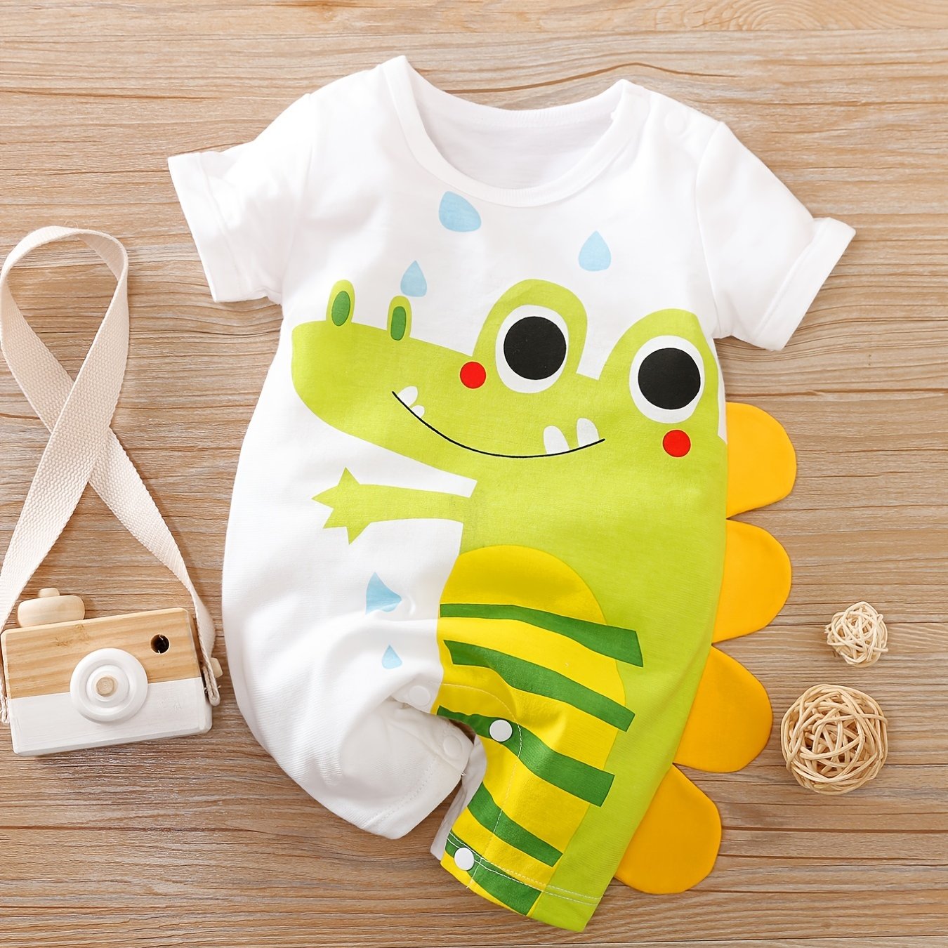 Baby Boys Cotton Jumpsuit Romper with Cartoon Crocodile Print for Spring Summer 0-3 Years