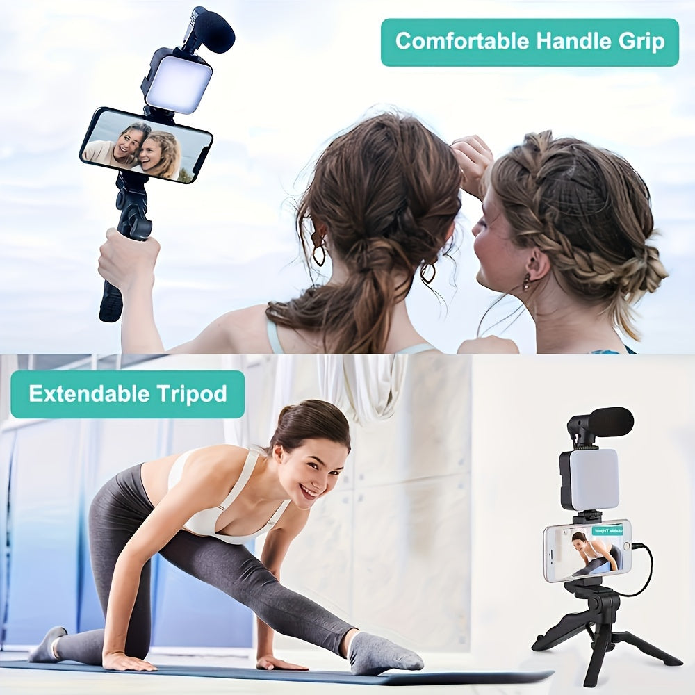 Universal 3-in-1 Smartphone Video Blogging Kit with LED Ring Light Microphone and Tripod
