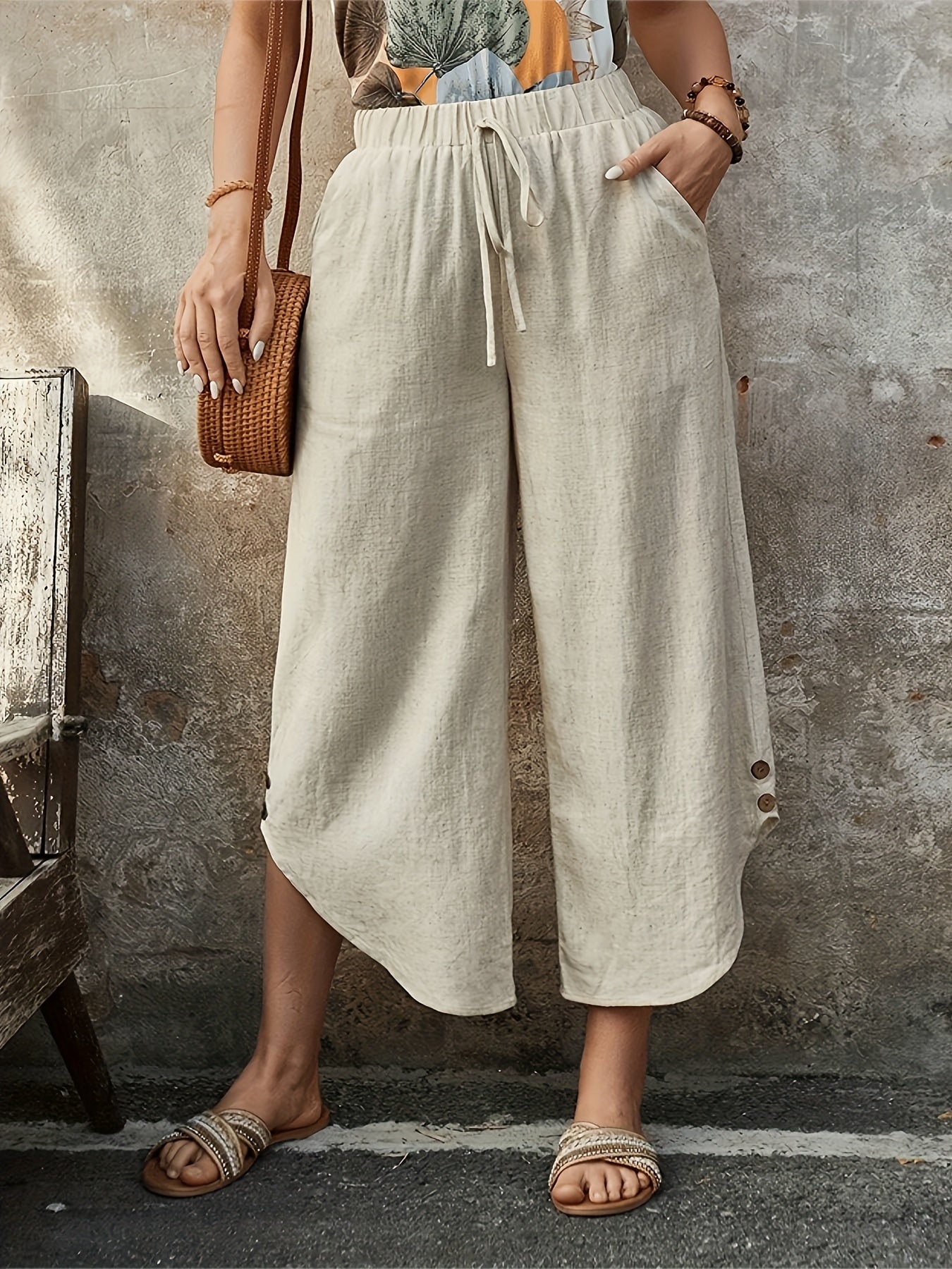 Women Plus Size Wide Leg Pants Solid Color Glassy Fabric Comfort All Season