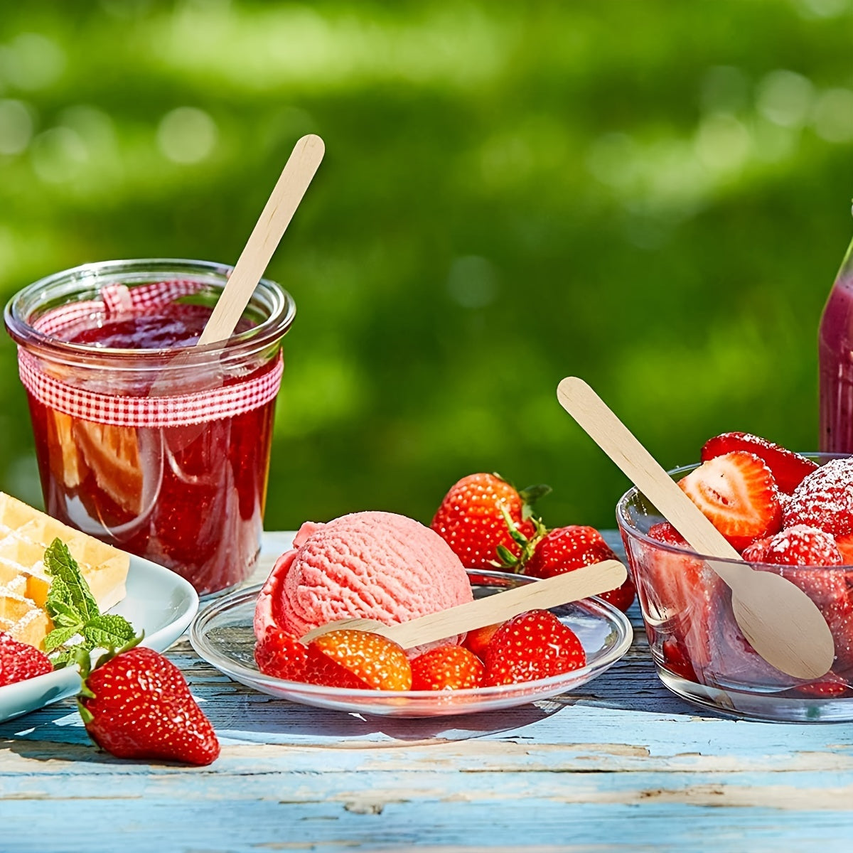 Juego de 100 vajilla desechable de madera de abedul con cucharas de madera para fiestas y eventos