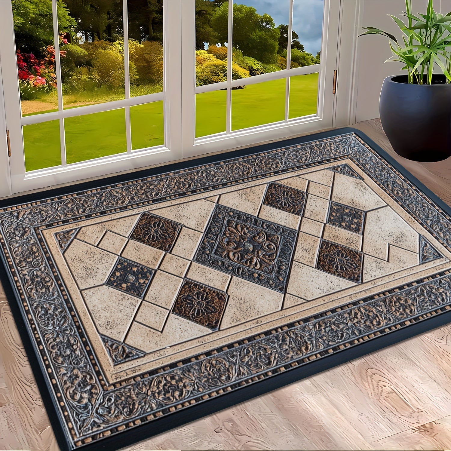 Rectangular Knit Polyester Doormat with Memory Foam - Kirga qarshi, yopishqoq emas va yuviladigan – Yashash xonasi, yotoqxona, oshxona yoki ofis uchun mukammal - Ichki/tashqi dekorativ plitka naqshli Welcome Mat - Mashina bilan tayyorlangan