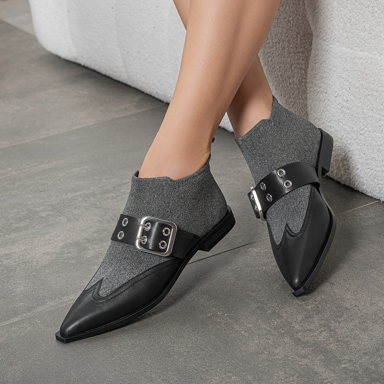 Women's Stretch Slip-On Ankle Booties with Buckle Flat Heel Pointed Toe