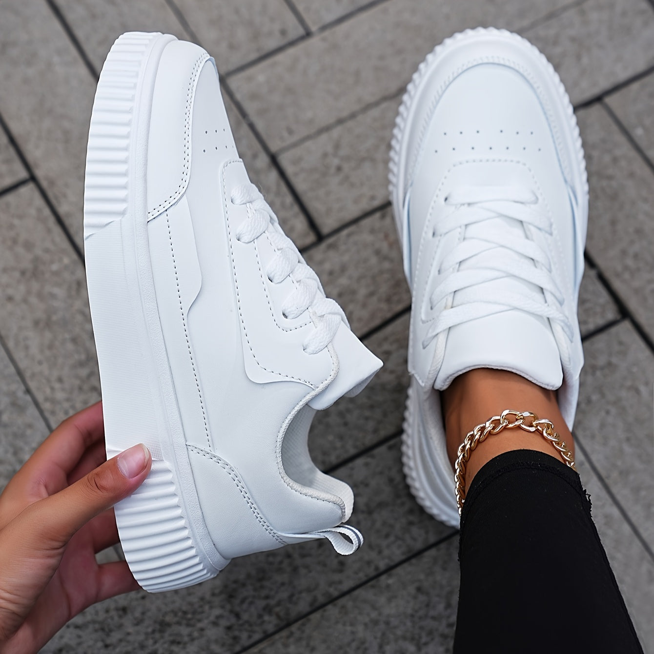 Women's Solid Color Casual Sneakers, Lace Up, Lightweight, Plus Size
