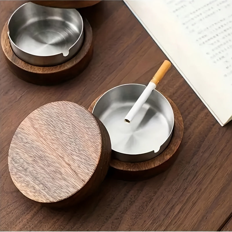 Wooden Circular Ashtray for Living Room and Office Stainless Steel Cover