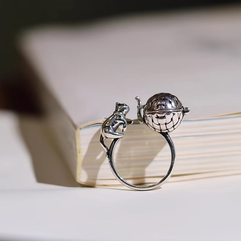 Jozibali Vintage Ilhomlangan Baxtli Mushuk Halqasi - Moslashuvchan, Ochiq Usulda Aromaterapiya Elementi bilan, Ayollar uchun Zamonaviy Qotishma Aksessuar