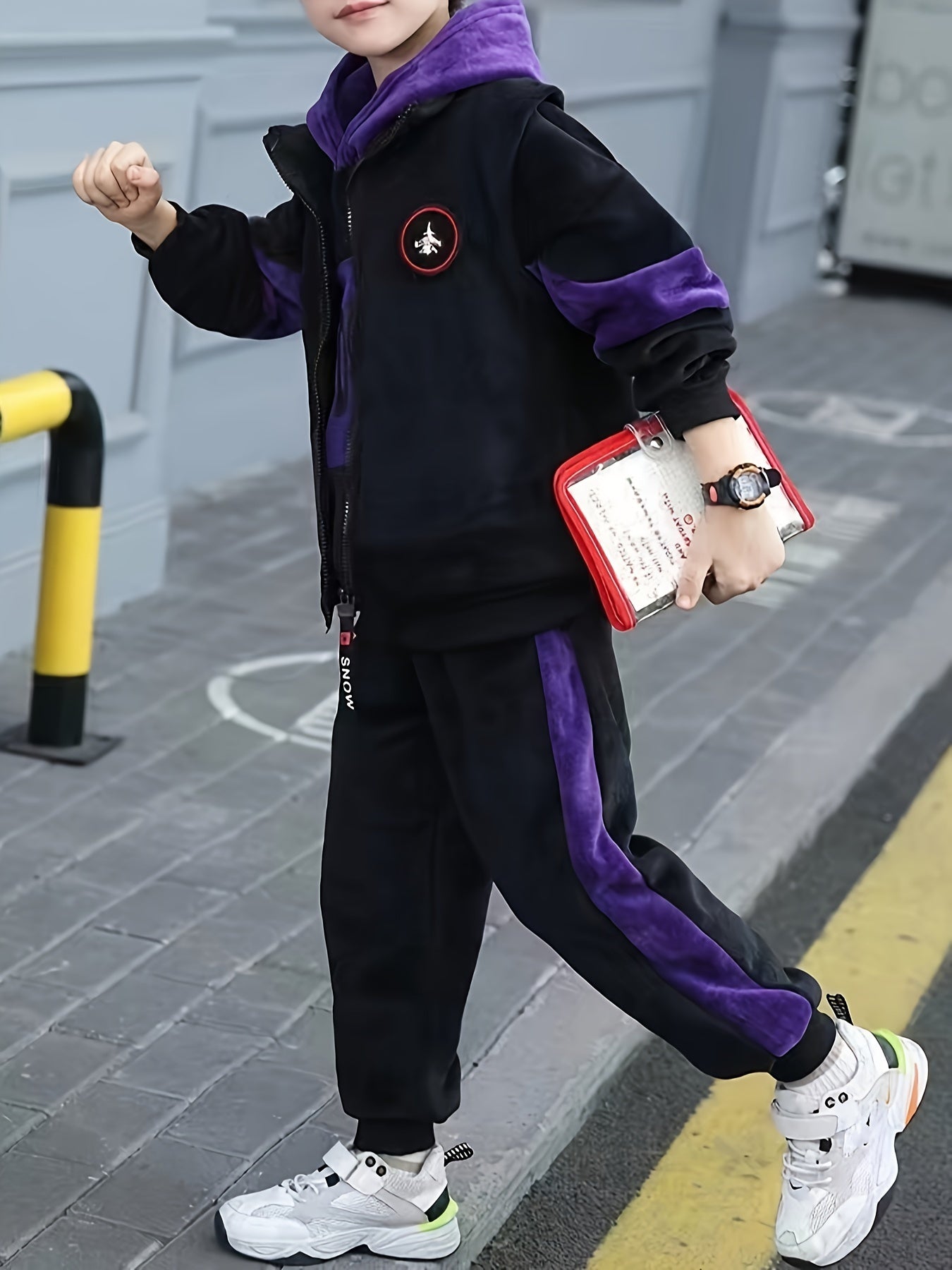 Boys Winter Three-Piece Set Hoodie Vest Pants Casual Sporty Warm Velvet for Medium to Large Children