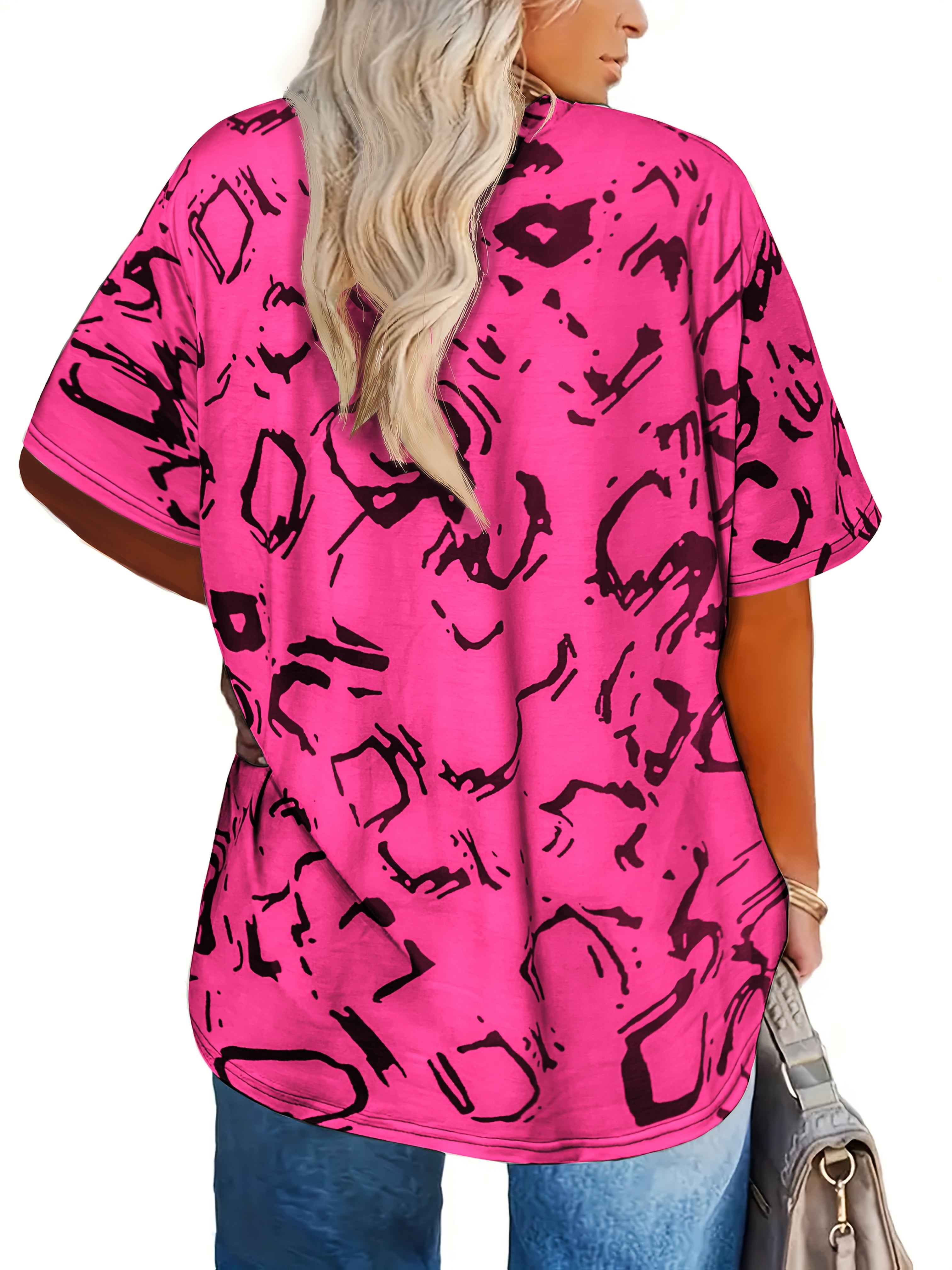 Women's Plus Size Abstract Print V-Neck T-Shirt Short Sleeve Summer Top Gray