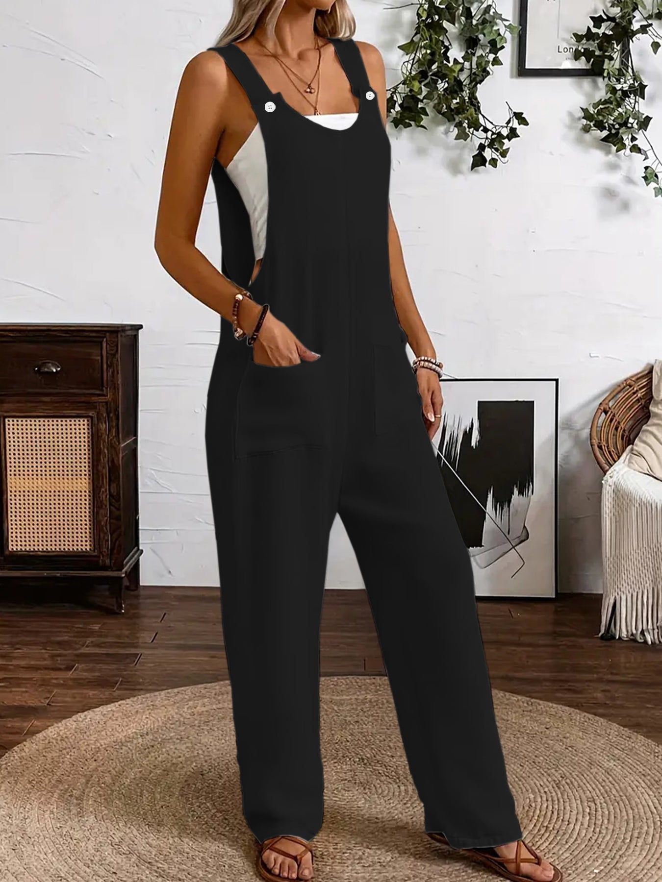 Women's Sleeveless Jumpsuit Solid Color Wide Leg Pockets Plus Size