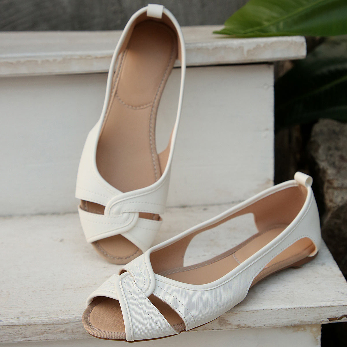 Women's White Cross-Strap Slip-On Flats Soft PU Casual Summer Shoes