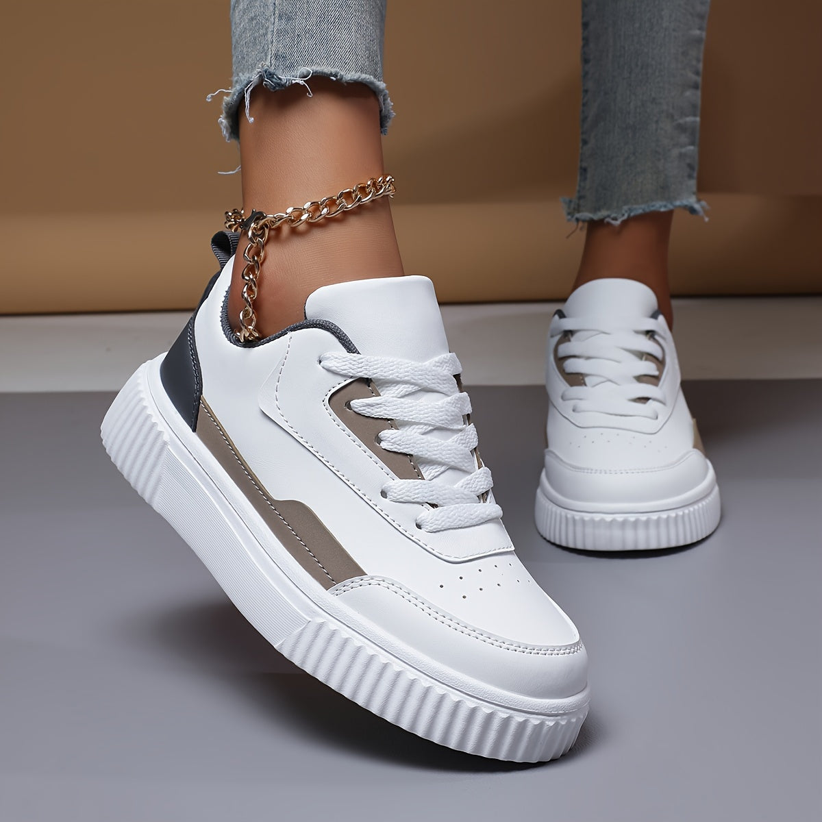 Women's Solid Color Casual Sneakers, Lace Up, Lightweight, Plus Size