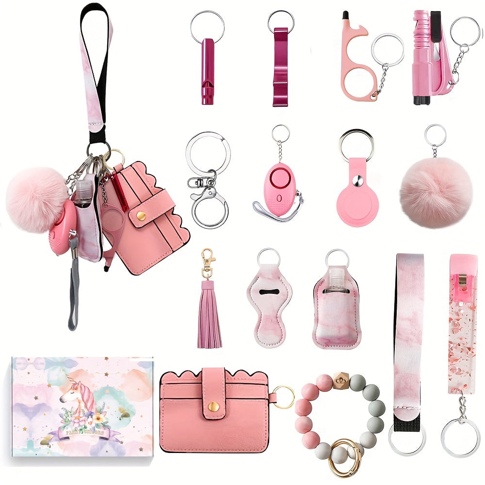 Women's 17-Piece Safety Keychain Set with Personal Alarm and Card Holder