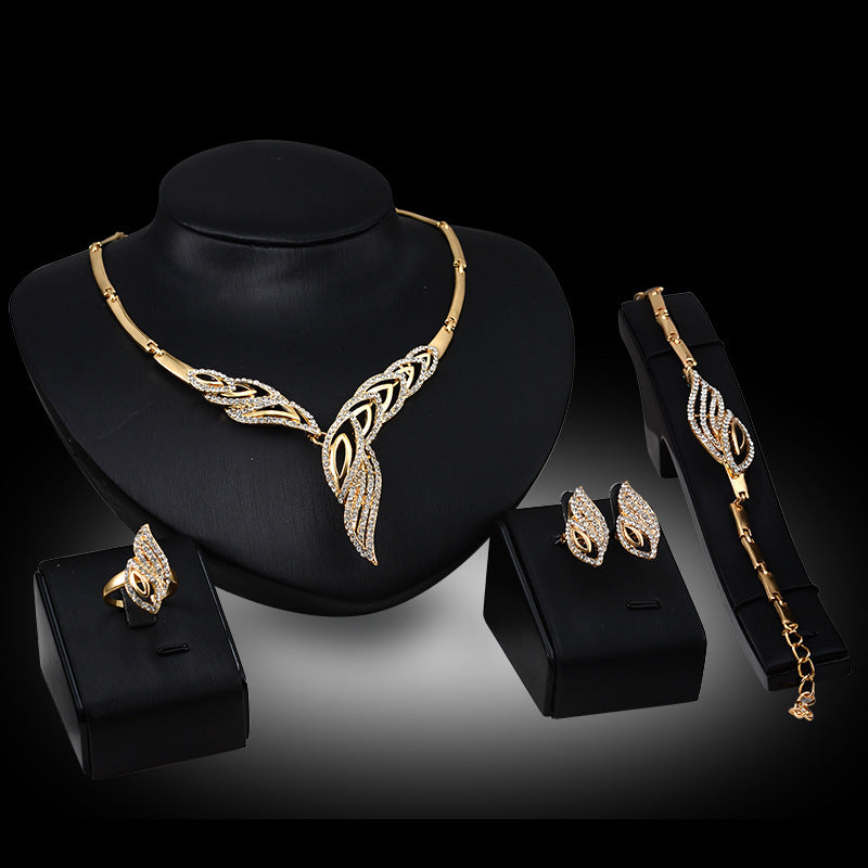 Exaggerated Leaf Jewelry Set for Women Wedding Boho Vintage Rhinestone Alloy Gold Plated