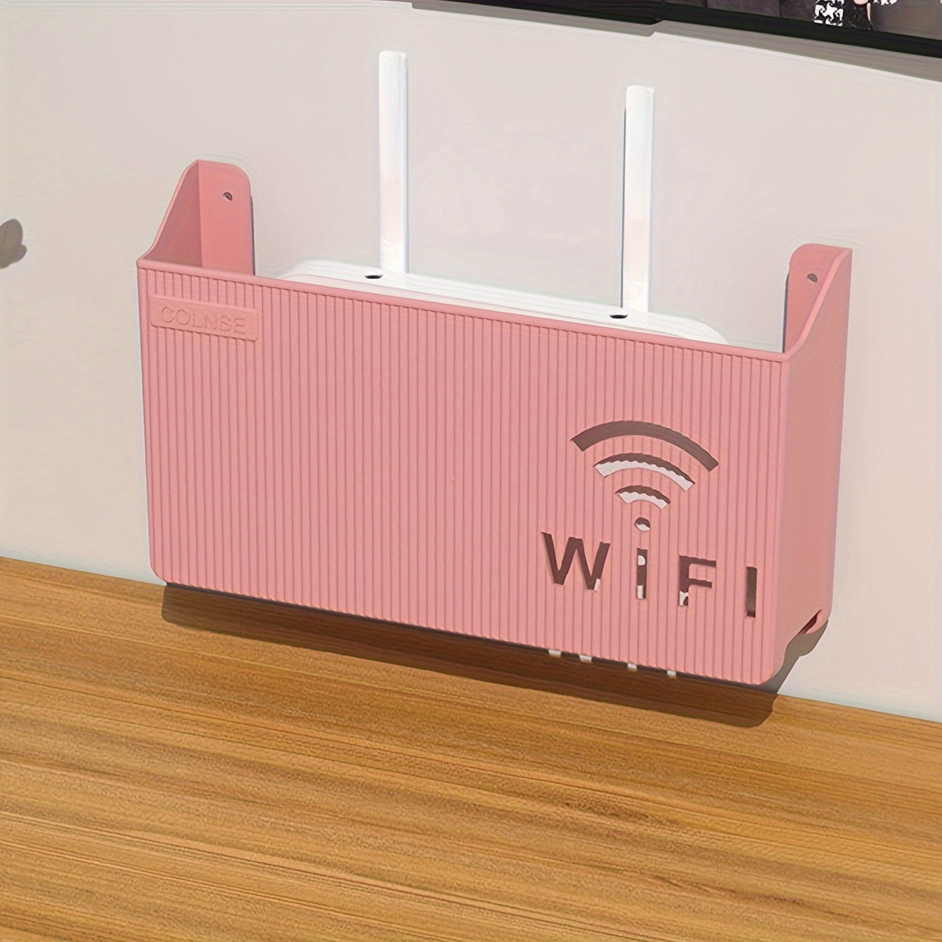 Estante de almacenamiento para pared sin taladro para router y caja de TV con ganchos útiles