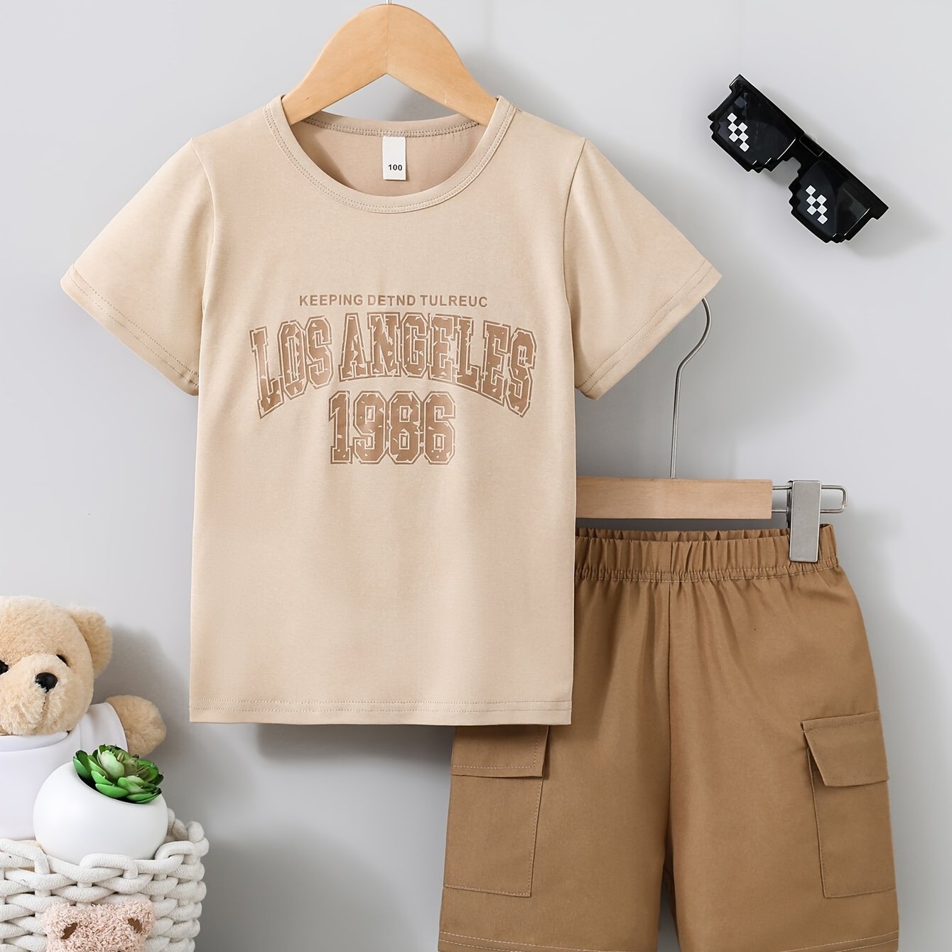 Boys Summer Set Casual Letter Print T-Shirt and Shorts with Pockets Polyester Blend