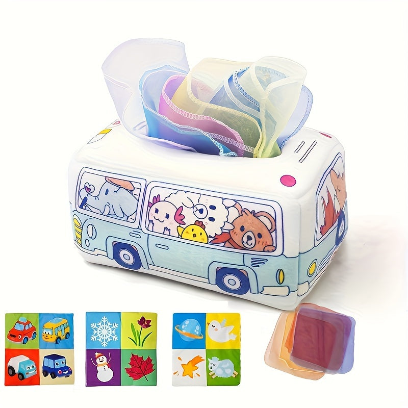 Yumshoq mato bolalar uchun tissue qutisi o'yinchoq, sezgirlik o'yini uchun, krinkli ovozli, ko'p rangli transport vositasi, 0-3 yosh