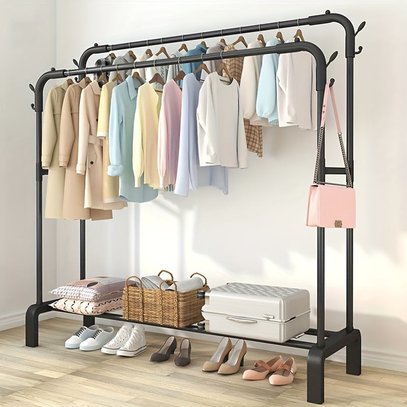 Metal Clothes Rack with Shelf and Hooks for Bedroom and Balcony Storage