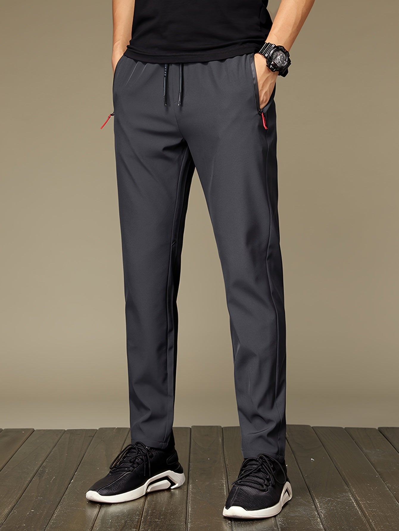 Erkaklar uchun yozgi sport shimlari, zip sumkalar bilan, tasodifiy tortish ipli uzun shimlar, 100% polyesterdan tayyorlangan, oddiy moslashuv, o'rtacha bel, bir xil rang, to'qilgan mato, 110g/m², ochiq havoda foydalanish uchun ideal.