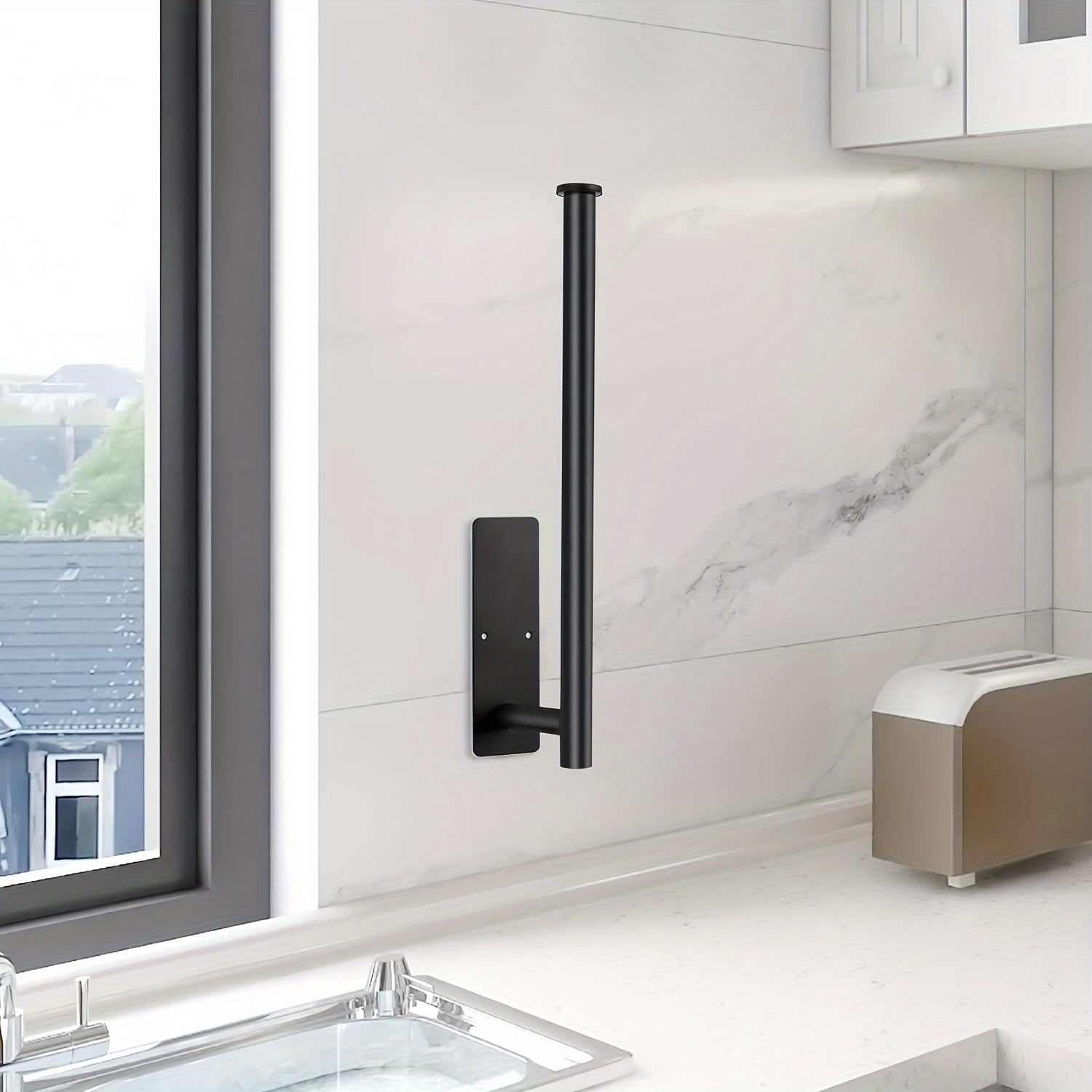 Porta toallas de papel de acero inoxidable negro, montaje en pared o adhesivo para cocina y baño