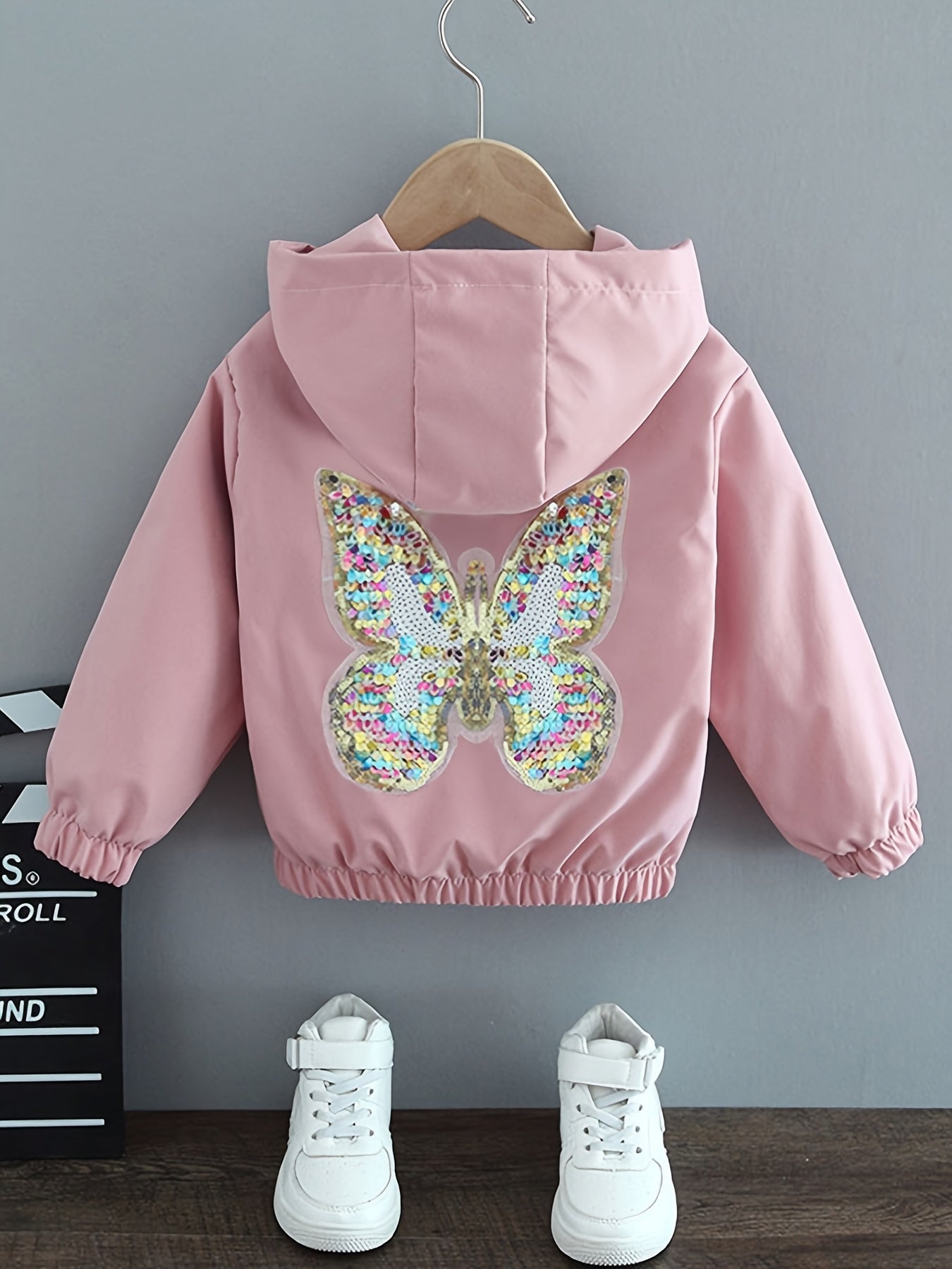 Girls Butterfly Sequin Hooded Jacket Spring Fall Casual Zip-Up Coat