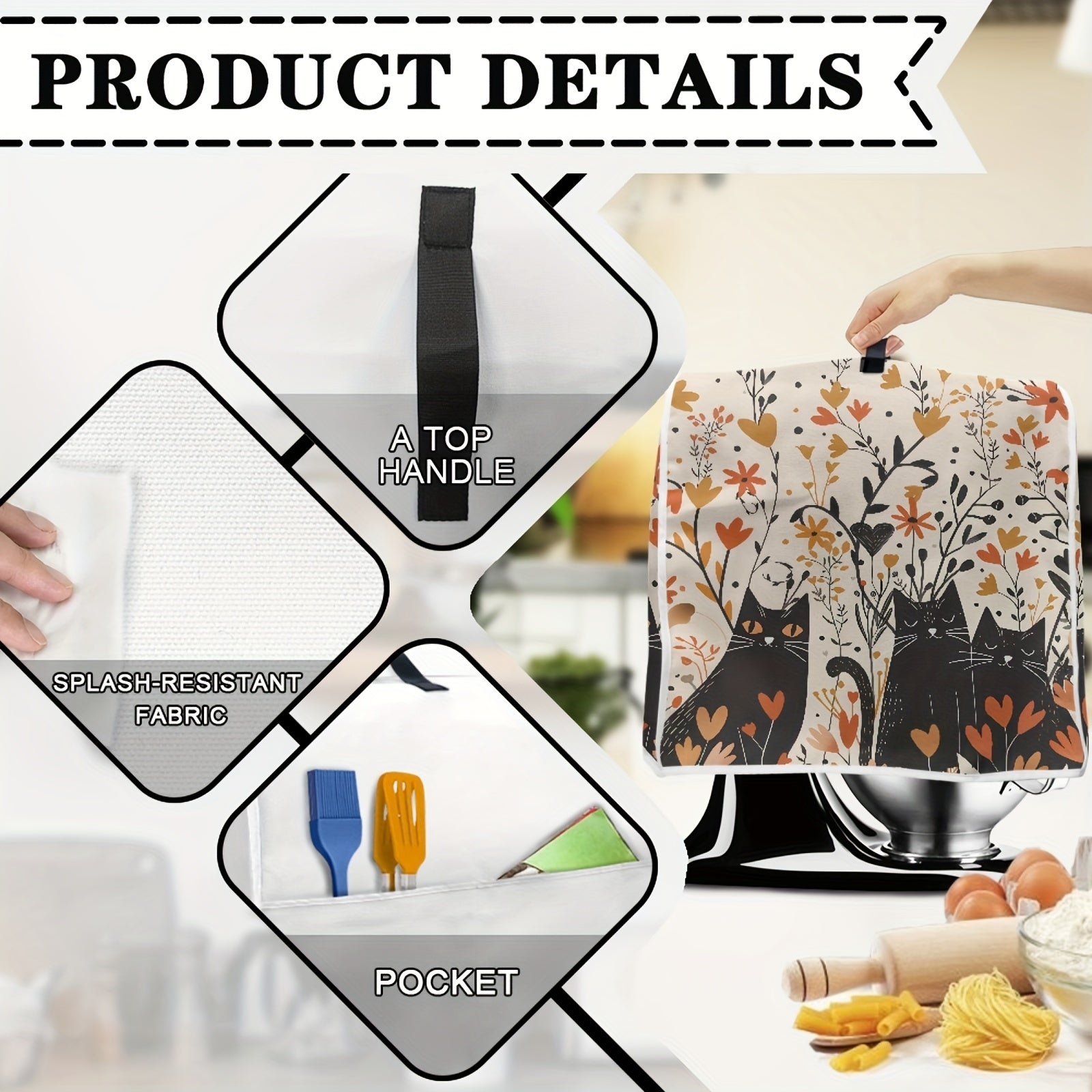 Cubierta protectora para batidora con estampado de flores y gatos. Compatible con almacenamiento sin polvo de 6-8 cuartos