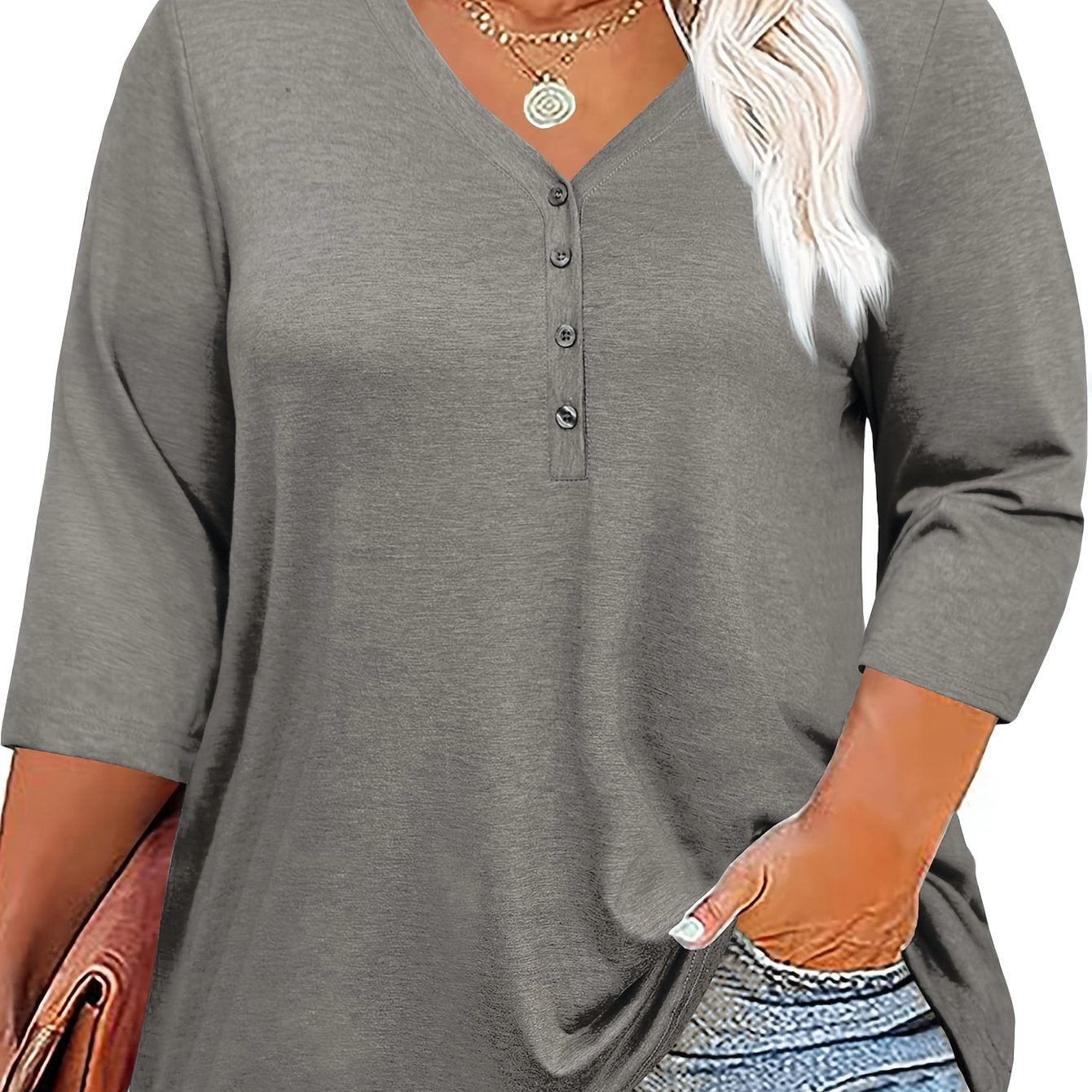Women's Plus Size V-Neck Tunic Top 3/4 Sleeve Button Front Casual Breathable