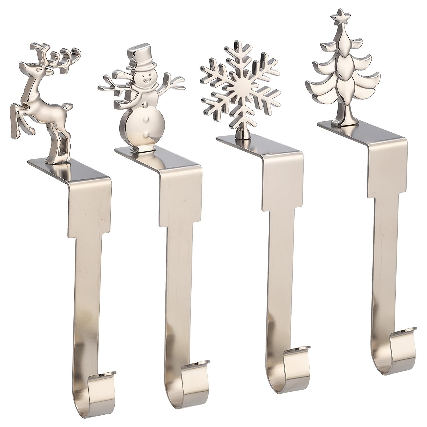 Set of 4 Metal Christmas Stocking Holders with Snowman Reindeer Tree Designs
