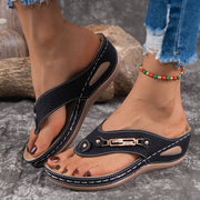 Women's Summer Synthetic Cover Flip Flops Black with Gold Buckle