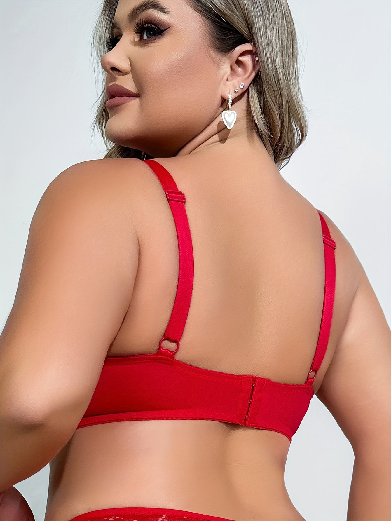 Sujetador de encaje de talla grande sin relleno con aros, color sólido, encaje de contraste, de estiramiento medio