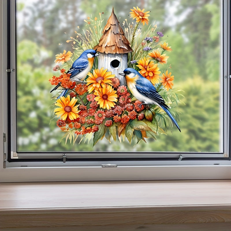 Matte Finish Vinyl Sticker Blue Birds Floral Birdhouse Decor 30cm