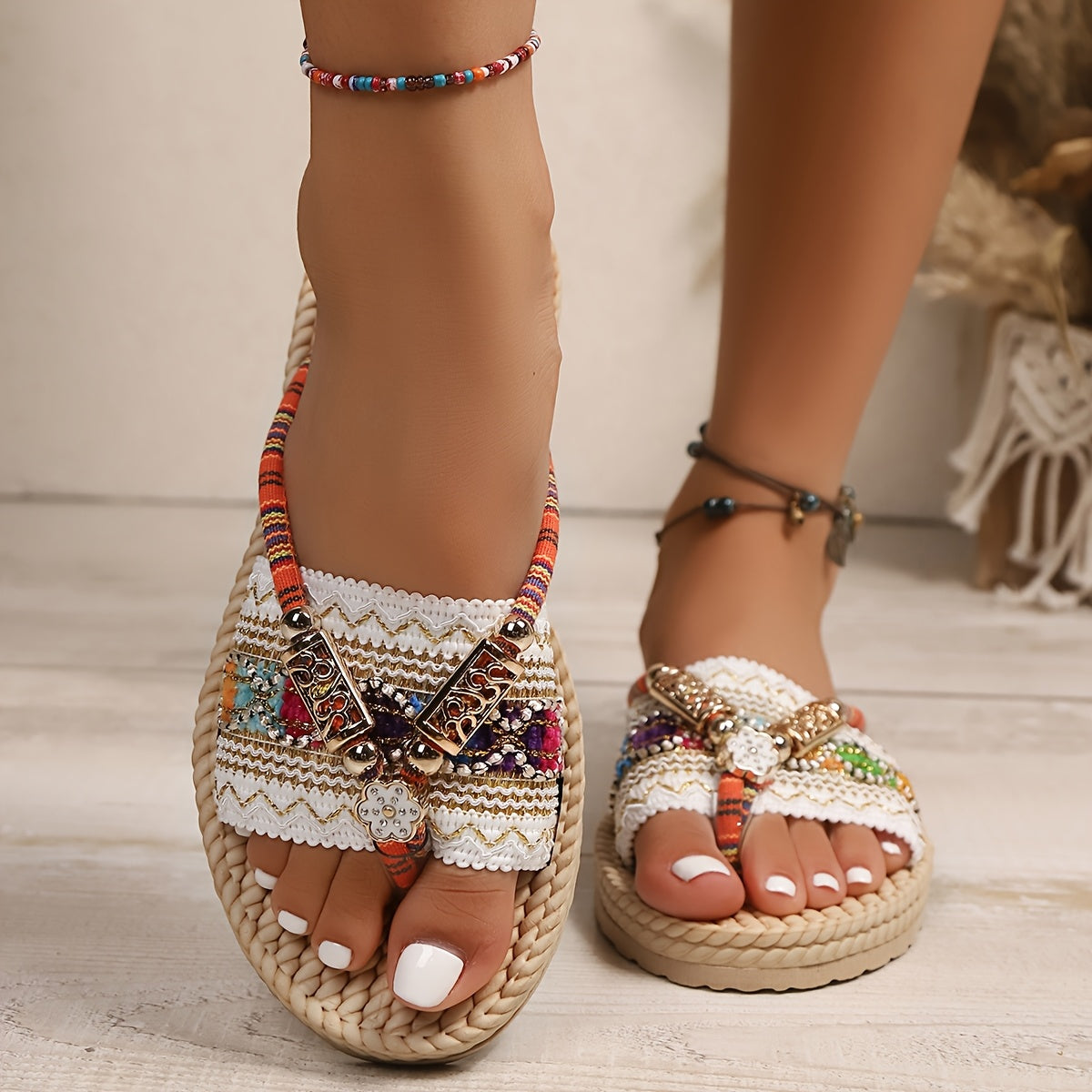 Women's Bohemian Style Lightweight Open-Toe Flip-Flops with Beaded Ankle Straps