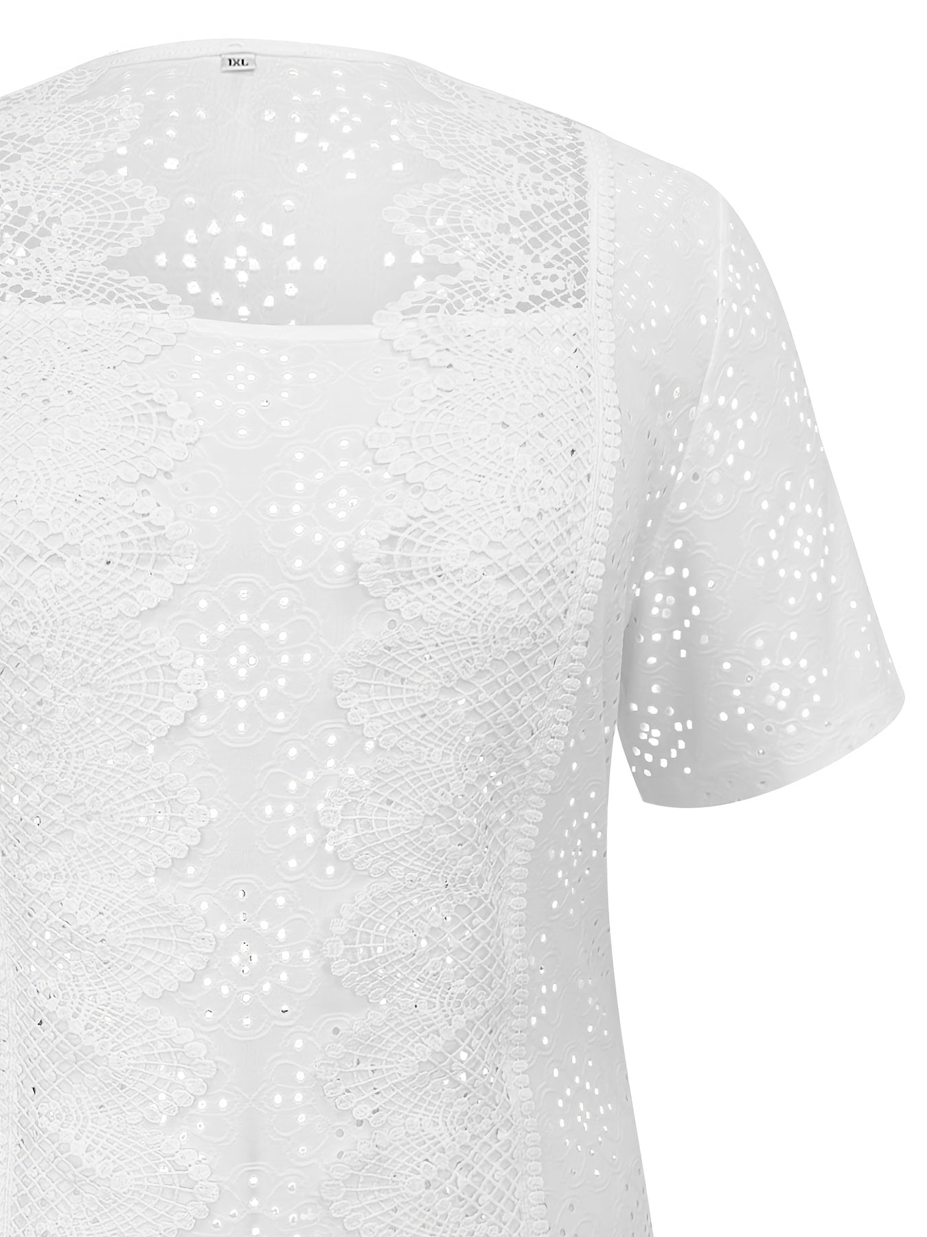Blusa de manga corta de encaje blanco para mujer talla grande, casual, verano, transpirable, poliéster