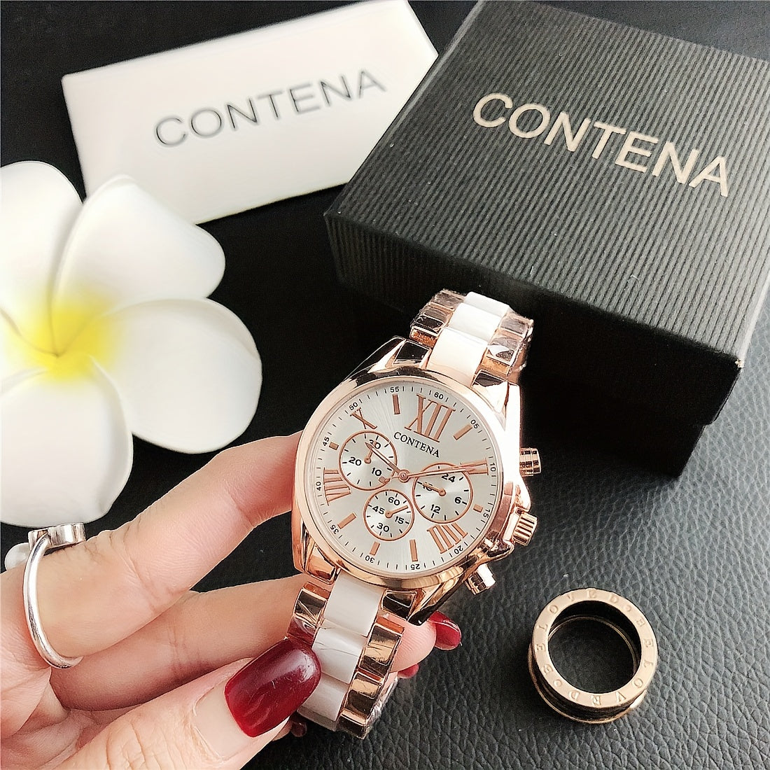 Reloj de mujer en oro rosa con cuarzo, fases lunares y calendario, pulsera de acero inoxidable