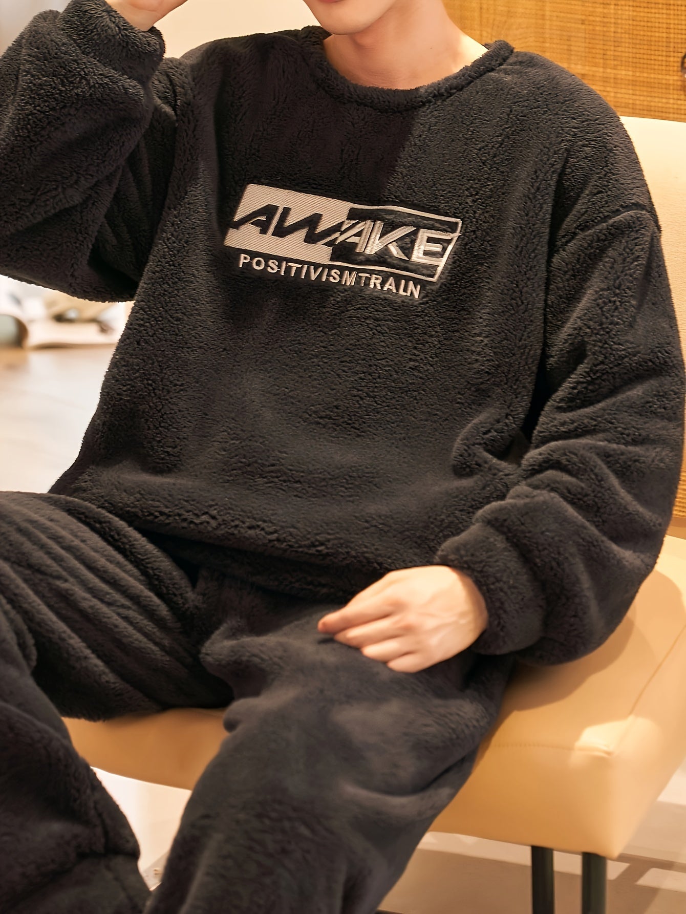 Men's Coral Velvet Pajama Set for Winter with Embroidered Alphabet Pattern