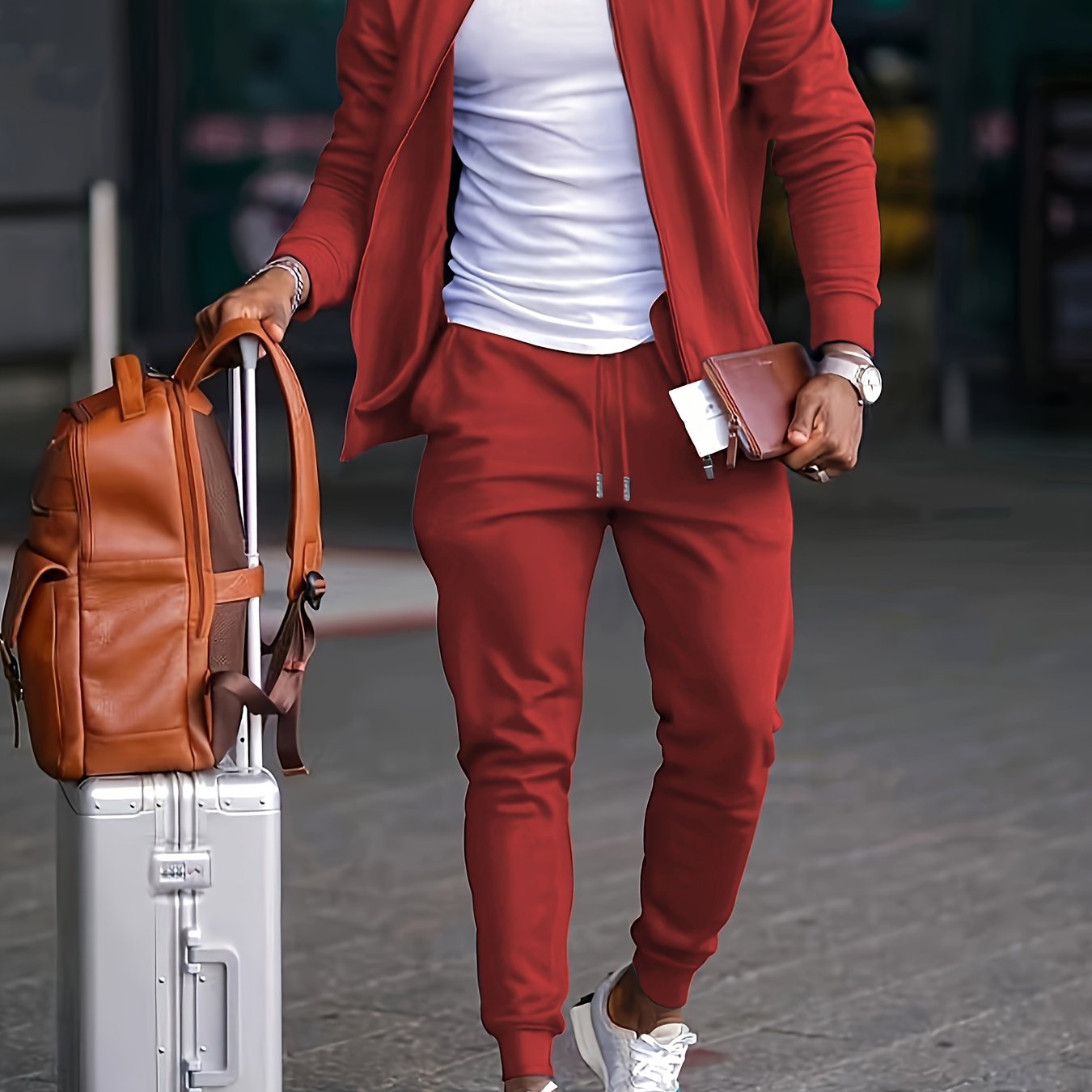 Men's Polyester Band Collar Jacket and Joggers Set for Outdoor Casual Wear