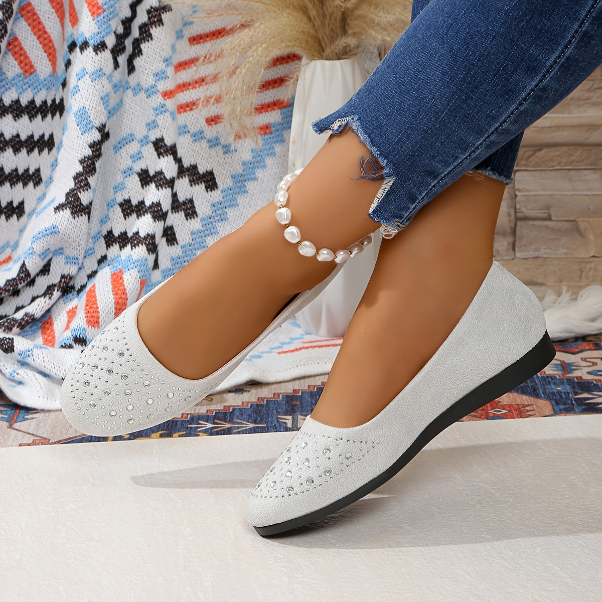 Women's Slip-On Flats with Rhinestone Accents Comfortable Lightweigh
