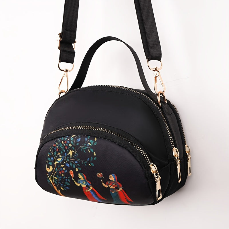 Floral Nylon Crossbody Bag for Women with Adjustable Strap and Zipper Closure