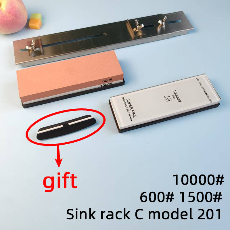 Stainless steel sink-mounted sharpening rack with adjustable bracket and glass oilstone