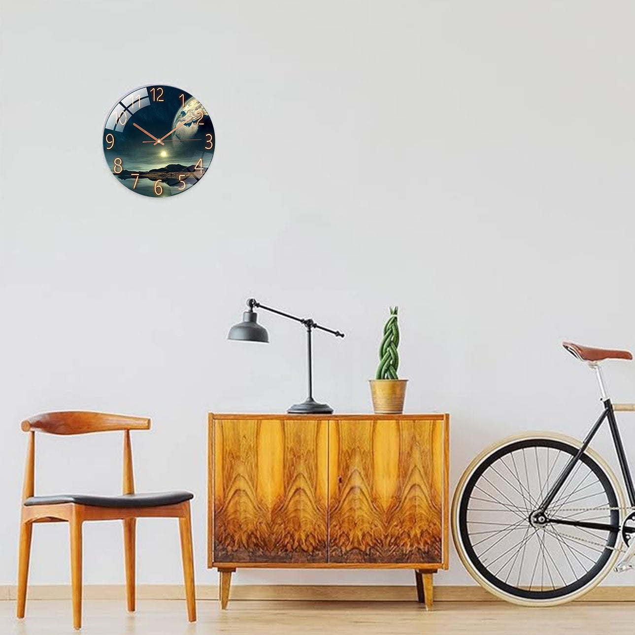 12 Inch Round Glass Wall Clock Earth Landscape Silent Battery Operated Modern Decor