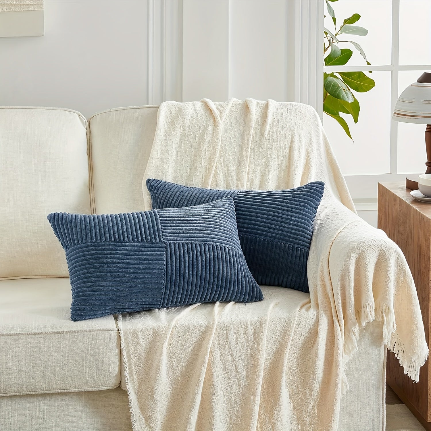 Bohemian Style Corduroy Throw Pillow Covers 2-Pack 45.72x45.72 cm Zippered Polyester Square Cushion Cases for Sofa Bed