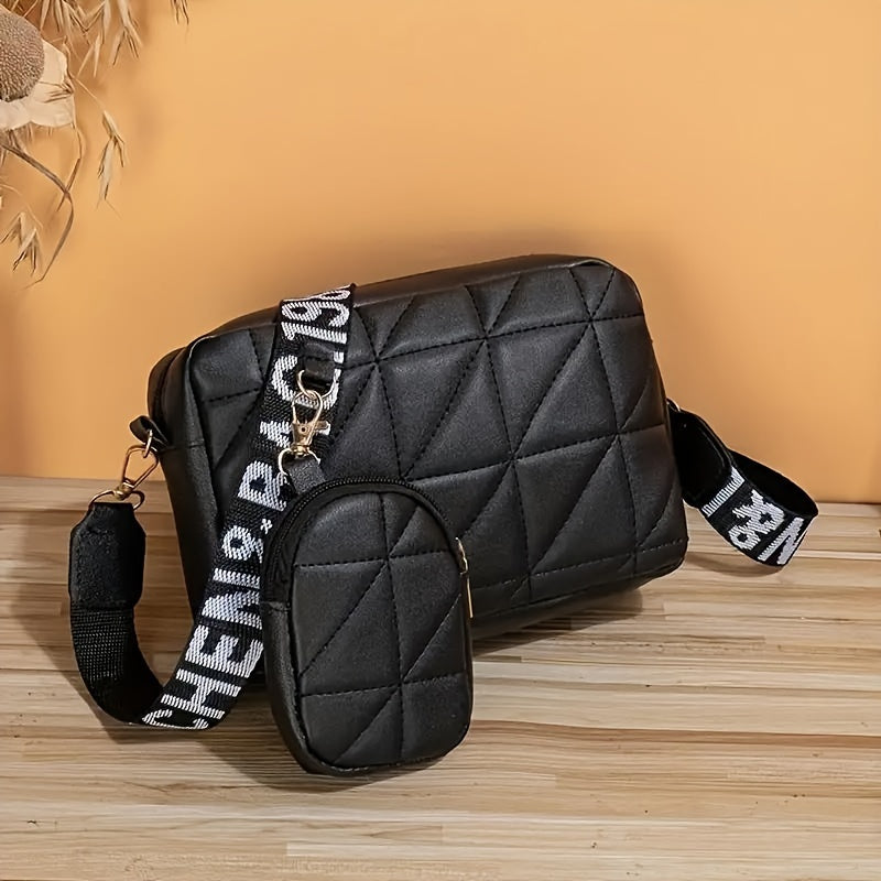 Set of 2 Quilted Crossbody Bags with Mini Coin Purse for Women in Black White Khaki