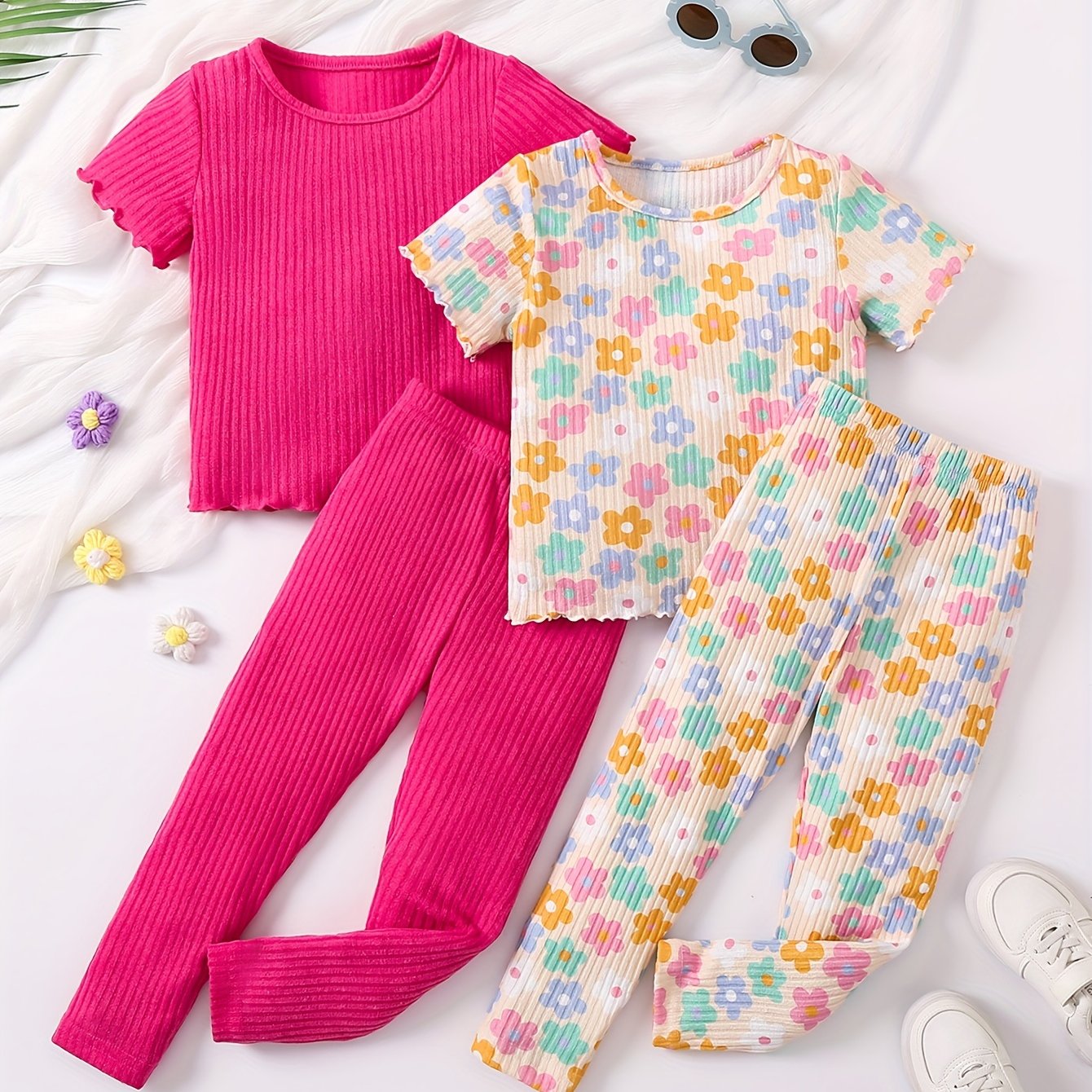 Летний комплект длинных штанов для девочек с отделкой из салатового трикотажа однотонного цвета для активного отдыха