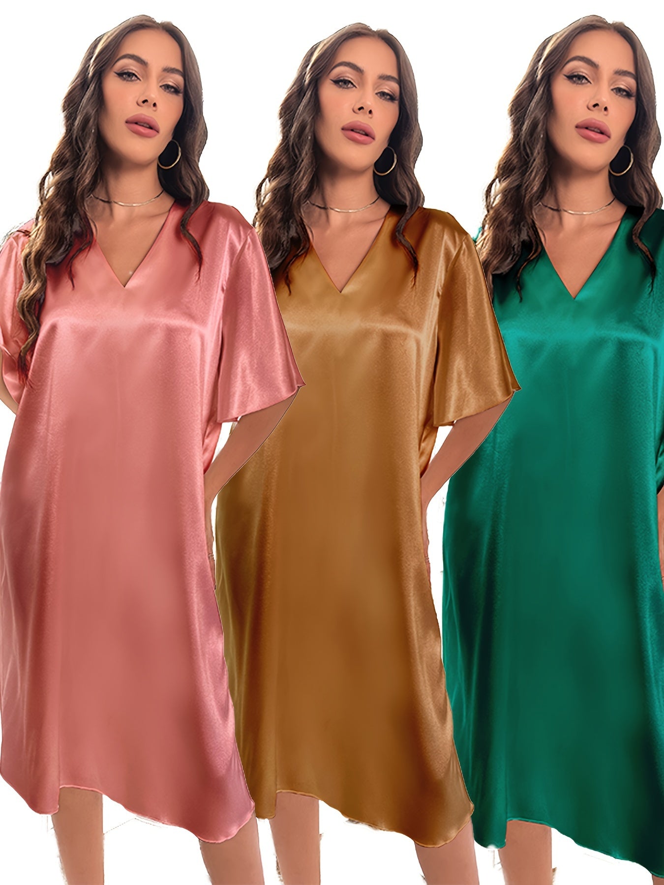 Plus Size Summer Satin Nightgown 3-Piece Set Loose Fit Short Sleeve Blue