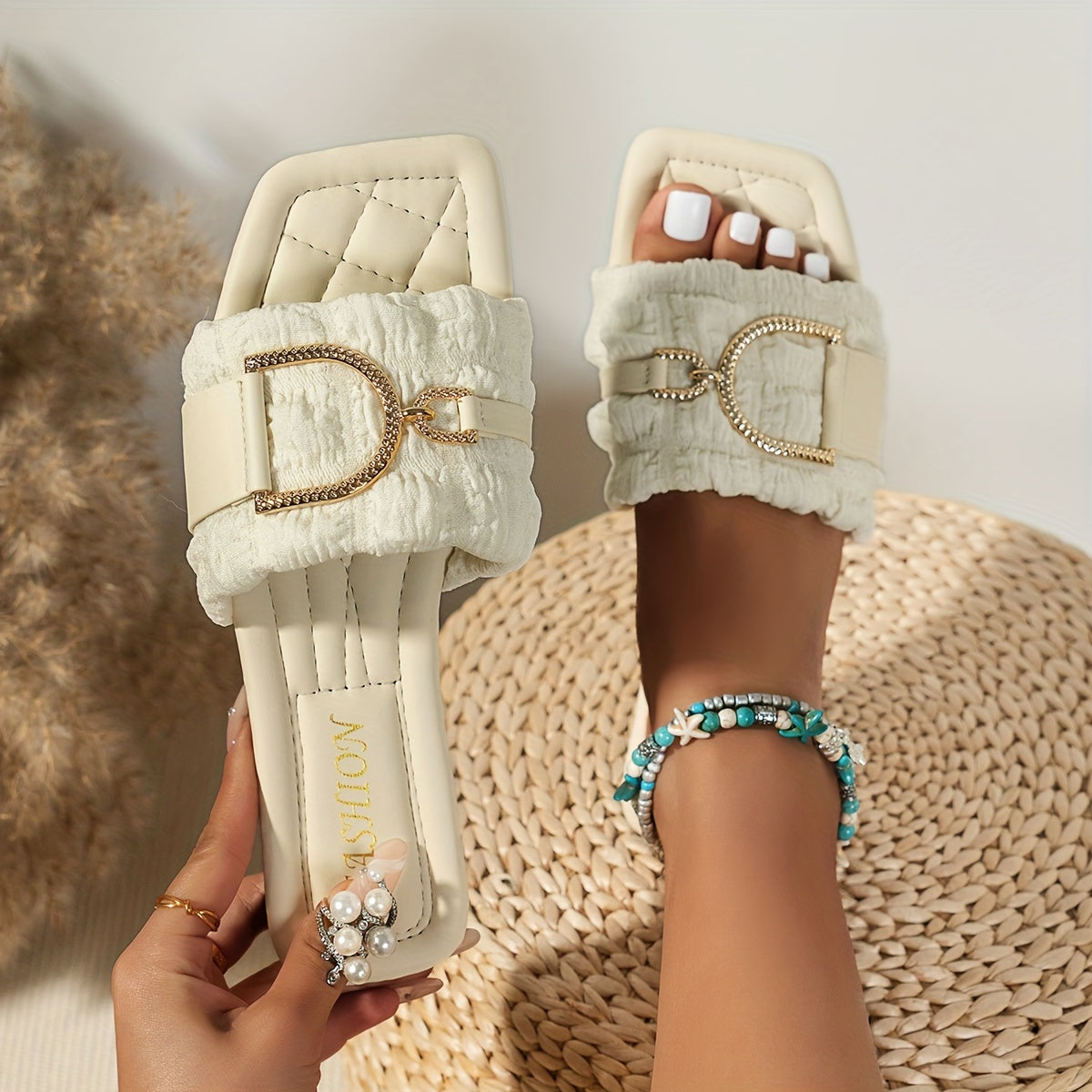 Women's Metal Decorated Flat Sandals Open Toe Slip-On Summer Shoes