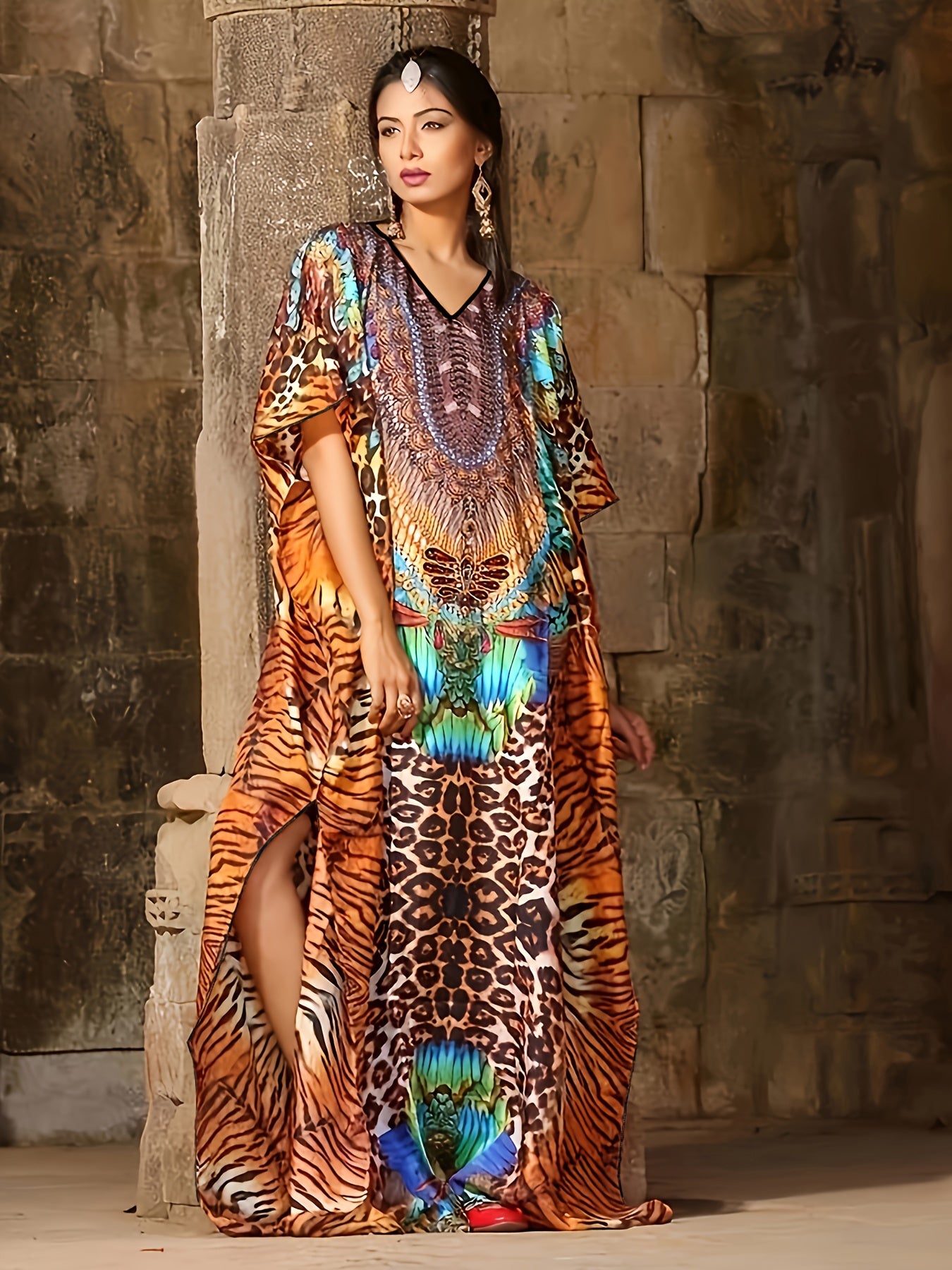 Plus o'lchamli maxi kaftan kiyi V-shakli bo'yin Batwing qo'lqopli abaya Islom kiyimi